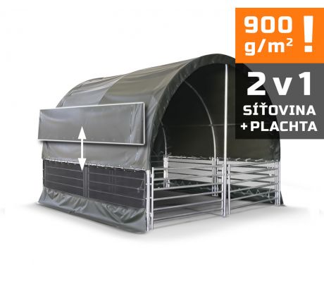 Přístřešek pro zvířata 4x4 m, vč. hrazení, 900g/m2 síť + plachta (2v1)