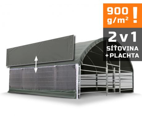 Přístřešek pro zvířata 8x8 m, vč. hrazení, 900g/m2, síť + plachta (2v1)